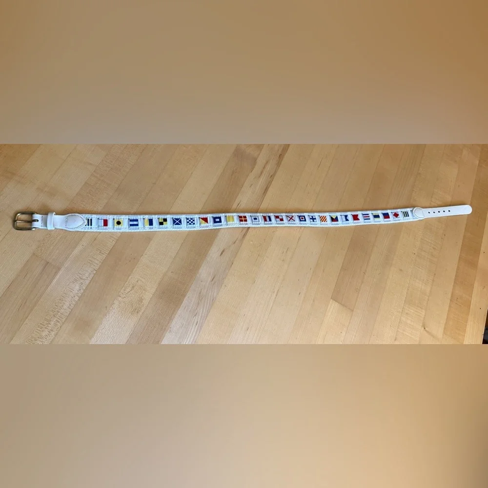 Leather Man Ltd Nautical Flag Belt Leather Handmade in CT Size 30 White